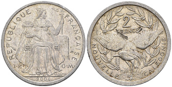 Французская Новая Каледония 2 франка 2004 птица кагу, (IEOM) KM 14, Schoen 11, Lec 68i алюминий    25-1935