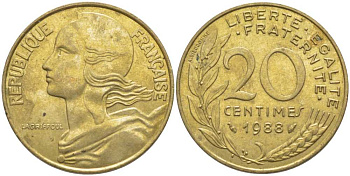 ФРАНЦИЯ 20 САНТИМОВ 1988 ТИП MARIANNE KM 930, LE FRANC 156.28 медь алюминий никель 175-856