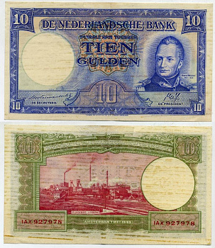 Нидерланды 10 гульденов 1945 Вильгельм I (1772-1843) Pick 75 b, Akkermans 35.1 b бумага 451-724-2