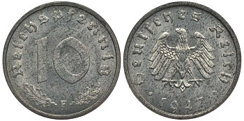 Германия 10 рейхспфеннигов 1947 F, оккупация Германии союзными войсками J. 375, KM A104 цинк UNC 4127-1225