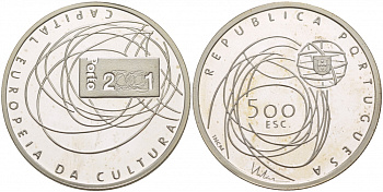 Португалия 500 эскудо 2001 Порту - Культурная столица Европы KM 733a серебро  PROOF 1088-4-22