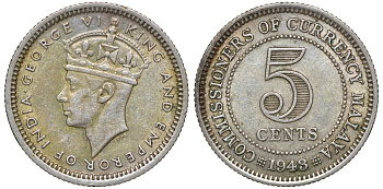 Британская Малайя 5 центов 1943 Георг VI (1937-1952) KM 3a серебро 53-136