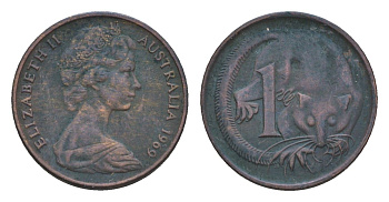 Австралия 1 цент 1969 Елизавета II (1952-2022), молодой портрет, опоссум KM 62 бронза 4655-1166