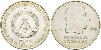 ГДР 20 марок 1972 А, Фридрих Шиллер (1759-1805) KM 40 медно-никель 4521-711