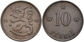 Финляндия 10 пенни 1938 KM 24 медь 4563-622