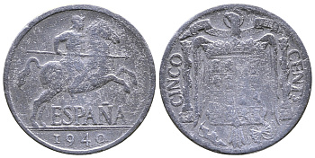 ИСПАНИЯ 5 СЕНТИМО 1940 PLVS, РЫЦАРЬ НА КОНЕ KM 765 алюминий 4385-662