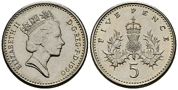 Великобритания 5 пенсов 1990 Елизавета II (1952-2022) KM 937b, Spink 4372 (D4) медно-никель 4173-753