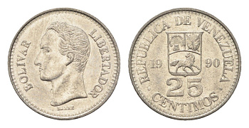 Венесуэла 25 сентимо 1990 Симон Боливар Y 50a сталь плакированная никелем aUNC 4664-223