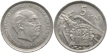 Испания 5 песет 1957 (75) Франсиско Франко (1939-1975) KM 786 медно-никель UNC 4171-511