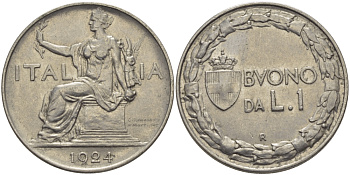 ИТАЛИЯ 1 ЛИРА 1924 R, ВИКТОР ИМАНУИЛ III KM 62 никель 97-1023