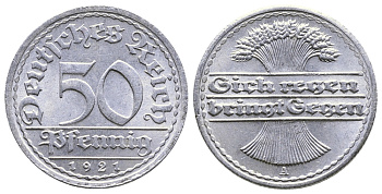 Германия 50 пфеннигов 1921 A KM 27, J.301, Weege 10 алюминий 4380-826