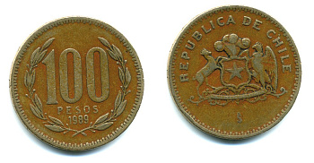 ЧИЛИ 100 ПЕСО 1989 ГЕНЕРАЛ БЕРНАРДО О ХИГГИНС KM 226.2 алюминевая бронза 35-1017