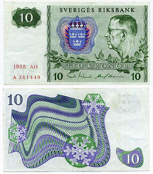 ШВЕЦИЯ 10 КРОН 1988 СЕРИЯ AH, ГУСТАВ VI АДОЛЬФ Pick 52e бумага 8612-30-3-2