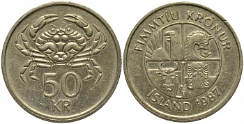 ИСЛАНДИЯ 50 КРОН 1987 КРАБ KM 31 никель латунь 181-644