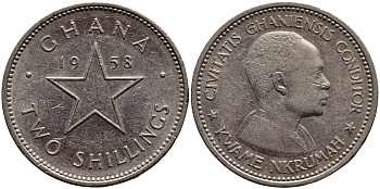 Гана 2 шиллинга 1958 Кваме Нкрума KM 6 медно-никель 63-756
