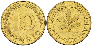 ФРГ 10 пфеннигов 1992 D KM 108, J. 383 сталь плакированная латунью 4175-1223