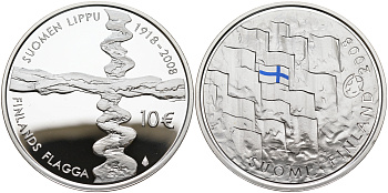 Финляндия 10 евро 2008 90 лет Финскому флагу, цветная эмаль KM 140 серебро  PROOF 11-164-22