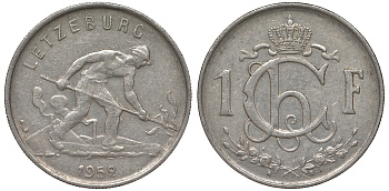 Люксембург 1 франк 1952 сталевар KM 46.2 медно-никель 4163-132