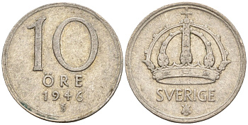 Швеция 10 эре 1946 TS, Густав V (1907-1950) KM 813 серебро 4147-849