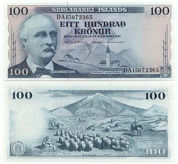Исландия 100 крон 1961 подпись 41, Триггви Гуннарссон, вулкан Гекла Pick 44 a (10) бумага UNC (пресс) 450-43-2