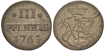 Саксония 3 пфеннига 1764 Фридрих Август III (1763-1806), из коллекции Gerhart Rother Kahnt 1134, Buck 101, Slg. Merseburger 1912, Gotz 6056 серебро 413-6644