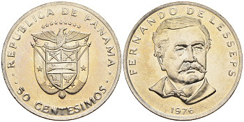 Панама 50 сентесимо 1976 Фердинанд де Лессепс KM 38.1 медь плакированная медно-никелем  UNC  M34-11