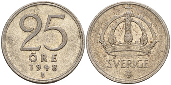 Швеция 25 эре 1948 TS, Густав V (1907-1950) KM 816 серебро 4147-1011