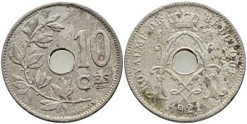 БЕЛЬГИЯ 10 САНТИМОВ 1921 BELGIQUE KM 85.1 медно-никель 4388-122