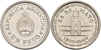 Аргентина 1 песо 1960 150 лет свержения Испанского вице-короля (1810-1960) KM 58 сталь плакированная никелем 4593-1022