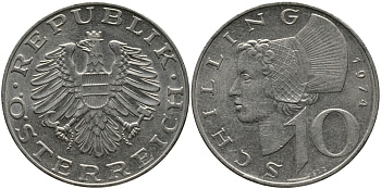 АВСТРИЯ 10 ШИЛЛИНГОВ 1974 KM 2918 никель плакированный медно-никелем 33-716