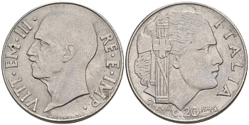 ИТАЛИЯ 20 ЧЕНТЕЗИМО 1940 R, ГОД XVIII, ВИКТОР ЭММАНУИЛ III (1900-1946), МАГНИТНАЯ, ГУРТ РИФЛЁНЫЙ KM 75b, VEM3. 1025 нержавеющая сталь 3853-456