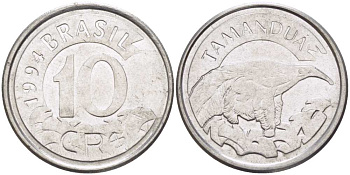 Бразилия 10 крузейро реал 1994 муравьед KM 628 нержавеющая сталь 4388-324