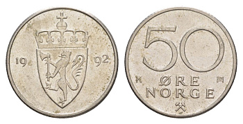 Норвегия 50 эре 1992 Харальд V (1991-) KM 418 медно-никель UNC 4635-516