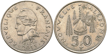 Французская Новая Каледония 50 франков 2015 хижина среди сосен и пальм, (IEOM) KM 13a, Schoen 15a, Lec 128i медно-никель 179-133