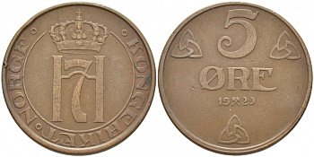НОРВЕГИЯ 5 ЭРЕ 1929 ХОКОН VII (1905-1957) KM 368 бронза 3856-832