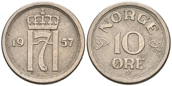 Норвегия 10 эре 1957 Хокон VII (1905-1957) KM 396 медно-никель 4564-824