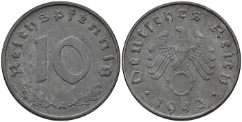 Германия 10 рейхспфеннигов 1943 A KM 101, J.371 цинк 4151-222