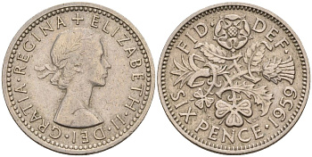 Великобритания 6 пенсов 1959 Елизавета II (1952-2022) KM 903, Spink 4149 медно-никель 4154-239