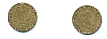 ИСПАНИЯ 1 ПЕСЕТА 1963 (65) ФРАНСИСКО ФРАНКО ДИКТАТОР ИСПАНИИ (1939-1975) KM 775 алюминиевая бронза 54-363