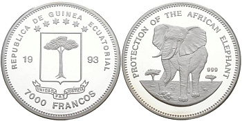Экваториальная Гвинея 7000 франков 1993 серия защита исчезающих видов животных, слоны KM 77 серебро PROOF 1091-3-61