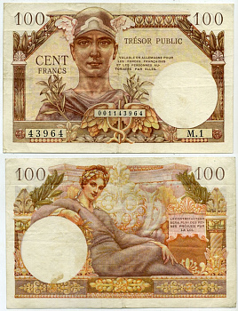 Франция 100 франков ND (1955) казначейство вооруженных сил, меркурий Pick M11 бумага 000-00-00
