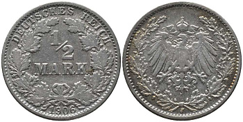 ГЕРМАНИЯ 1/2 МАРКИ 1906 J KM 17, J. 16, Weege 16 серебро 4448-817