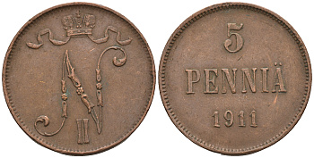 Россия для Финляндии 5 пенни 1911 Николай II (1894-1917) KM 15, Биткин 451 медь 85-313