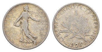 Франция 1 франк 1904 KM 844 серебро 00-00