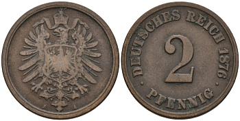 Германия 2 пфеннига 1876 A, старогербовка KM 2, J. 2 медь 4575-712