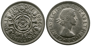 Великобритания 2 шиллинга (флорин) 1966 Елизавета II (1952-2022) KM 906, Spink 4146 медно-никель 4382-621