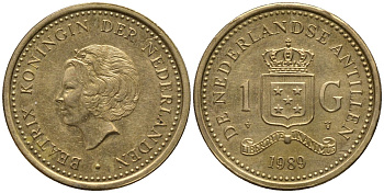 Нидерландские Антилы 1 гульден 1989 Беатрикс (1980-2013) KM 37 позолоченная сталь UNC 4579-853