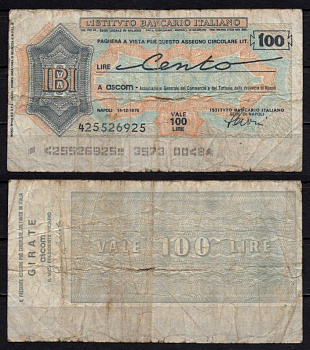Италия чек на 100 лир 1976 instituto Bancario Italiano, autostrade, concessioni e costruzioni autostrade S.p.A. бумага 2195-26-3-2