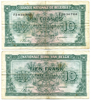 БЕЛЬГИЯ 10 ФРАНКОВ 1944 1 ФЕВРАЛЯ 1943, КОРОЛЬ В ИЗГНАНИИ Pick 122 бумага 6299-39-2