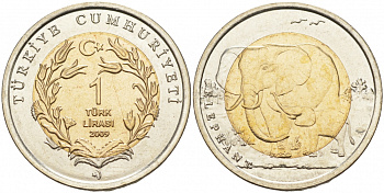 Турция 1 лира 2009 Красная книга, слон KM 1263 биметалл UNC M6-05